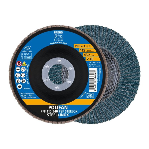 Pferd 4-1/2" x 7/8" A.H. POLIFAN® Flap Disc - Z PSF STEELOX, Zirconia, 40 Grit, Flat 62014